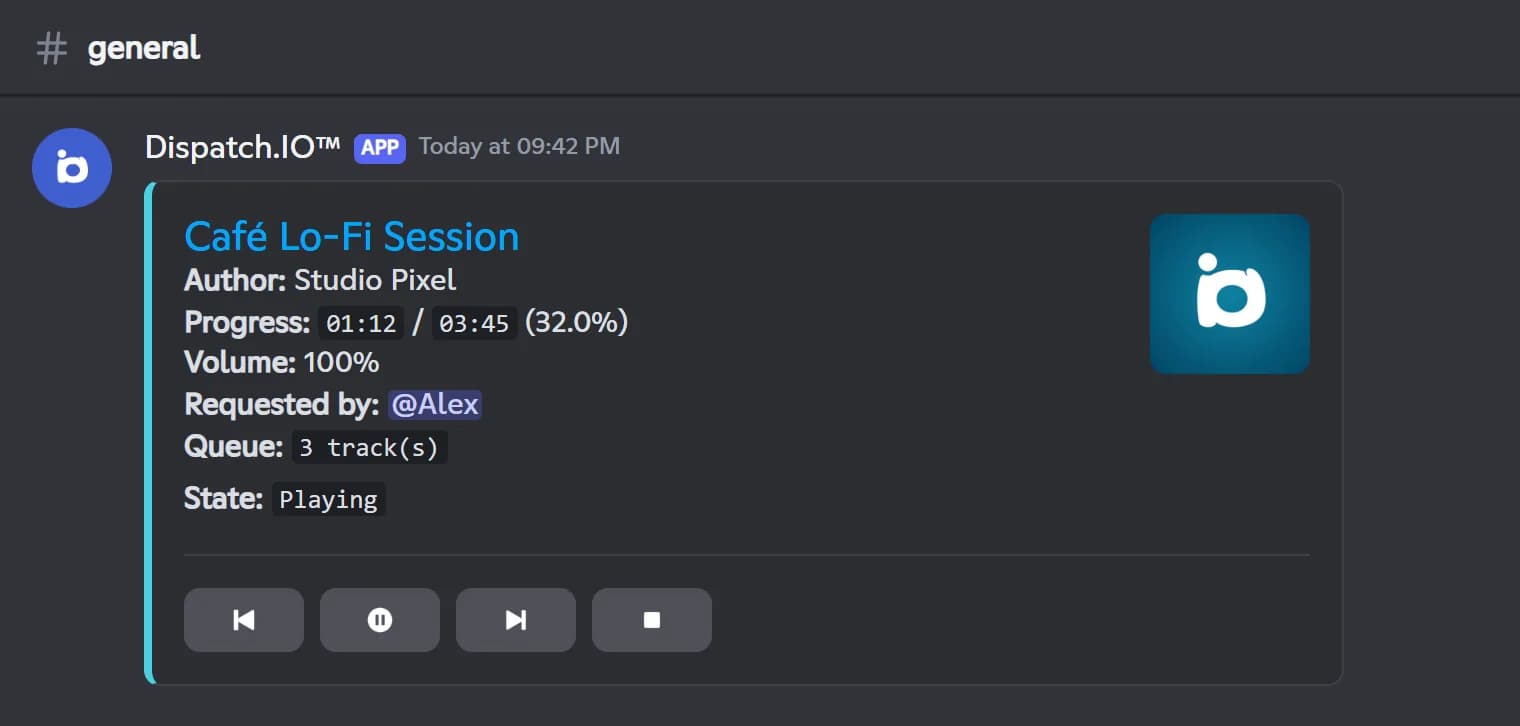 Dispatch.IO music player message with the track, progress, volume, queue and four control buttons