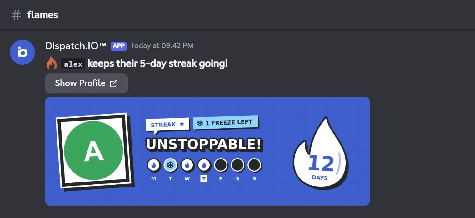 Dispatch.IO streak announcement in a Discord channel, with the member's flame card