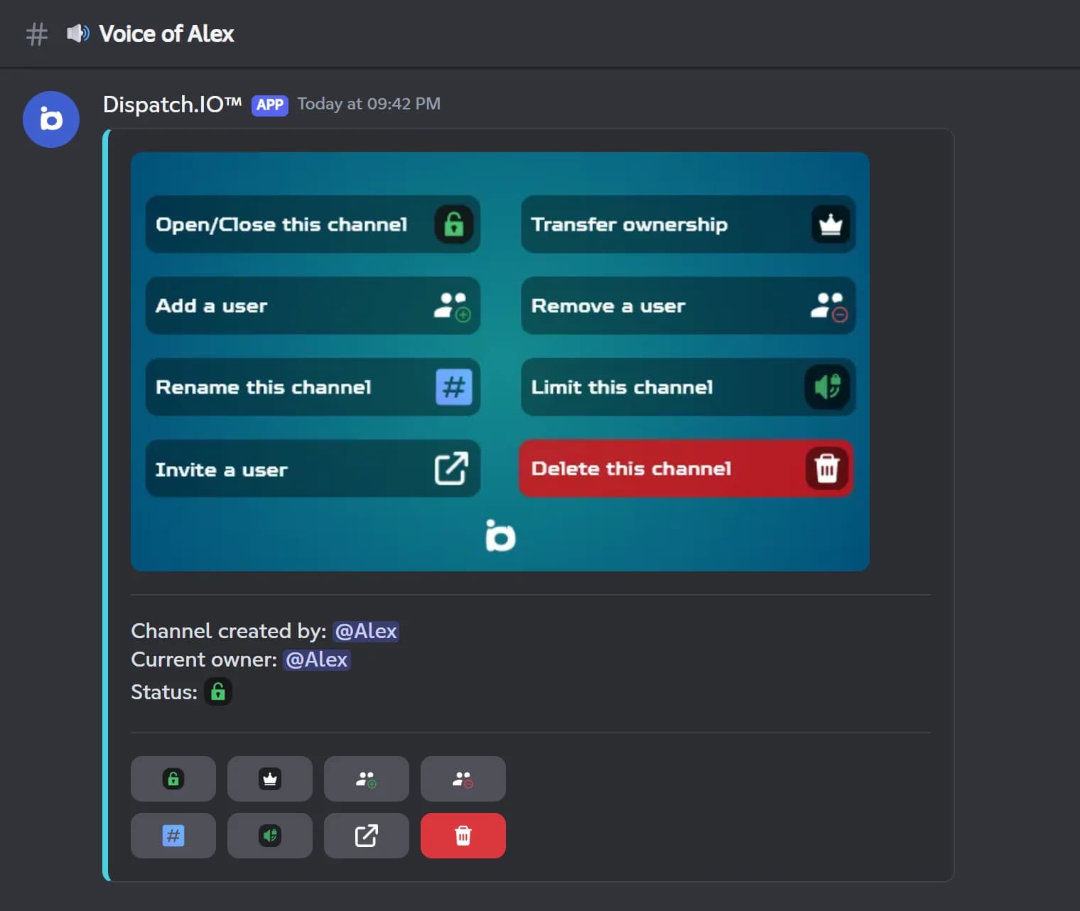 Control panel of a Dispatch.IO temporary voice channel with its creator, owner, status and eight buttons