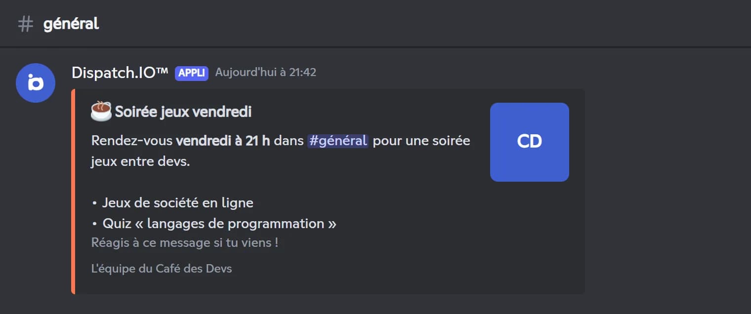 Embed publié par Dispatch.IO avec titre, description, miniature, barre de couleur et pied de page