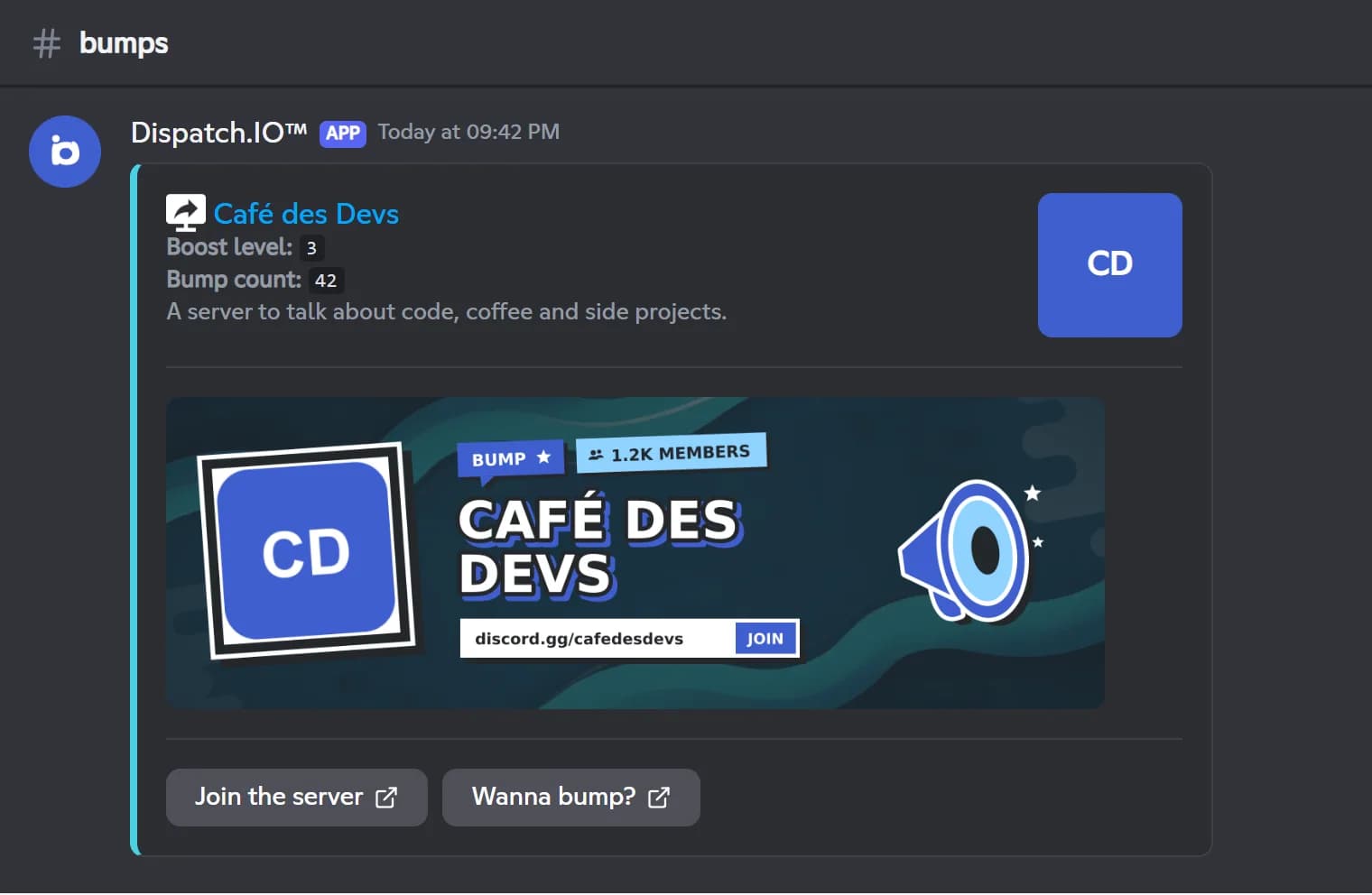 Server listing posted by Dispatch.IO's /bump in another server's bump channel