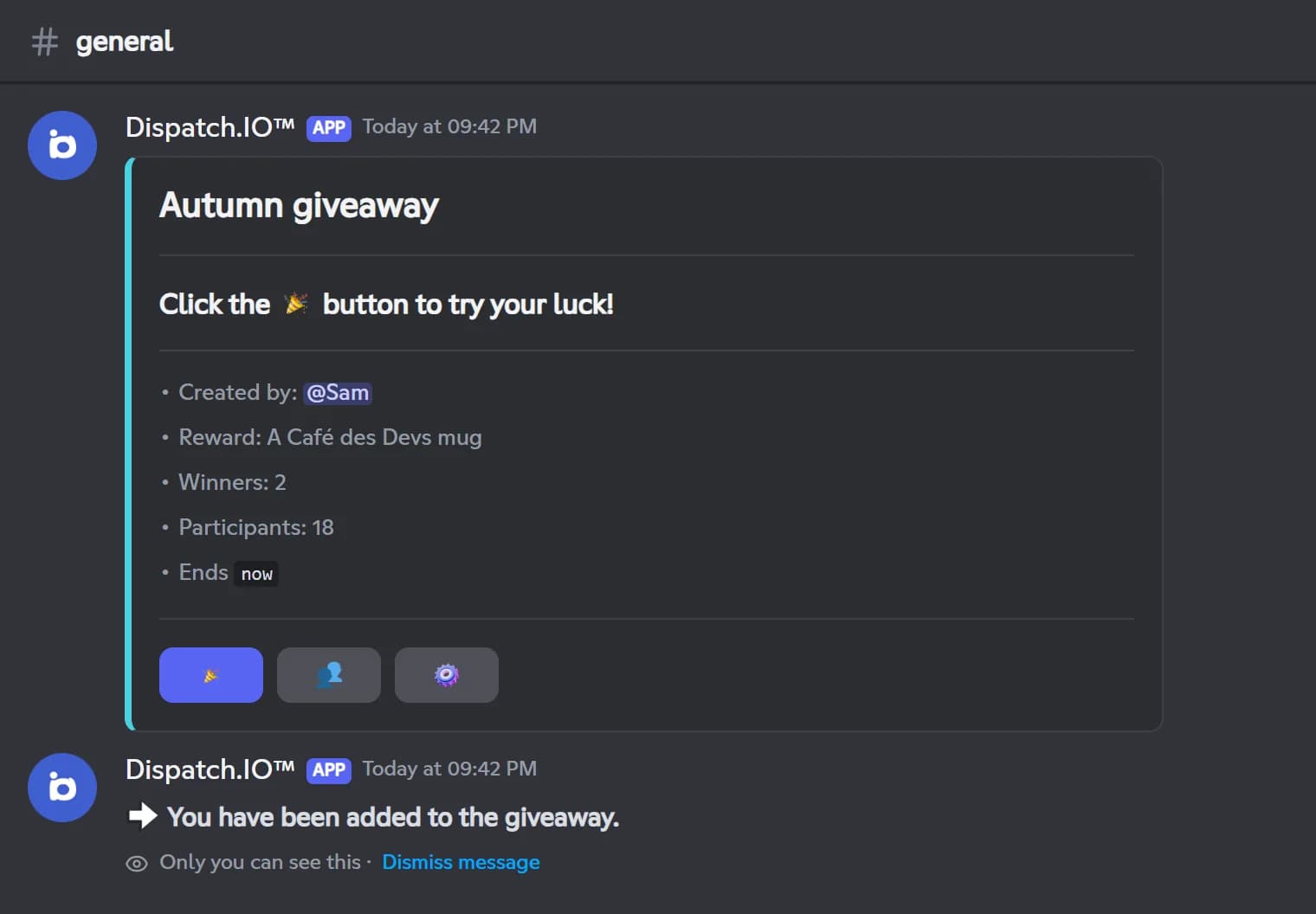 Giveaway posted by Dispatch.IO in a Discord channel, with its enter, participants and manage buttons