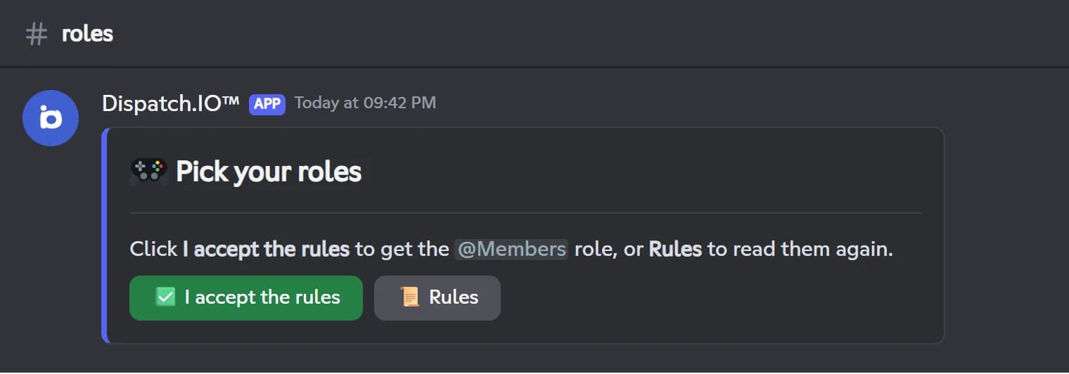 Dispatch.IO role panel in a container, with a role button and a response button
