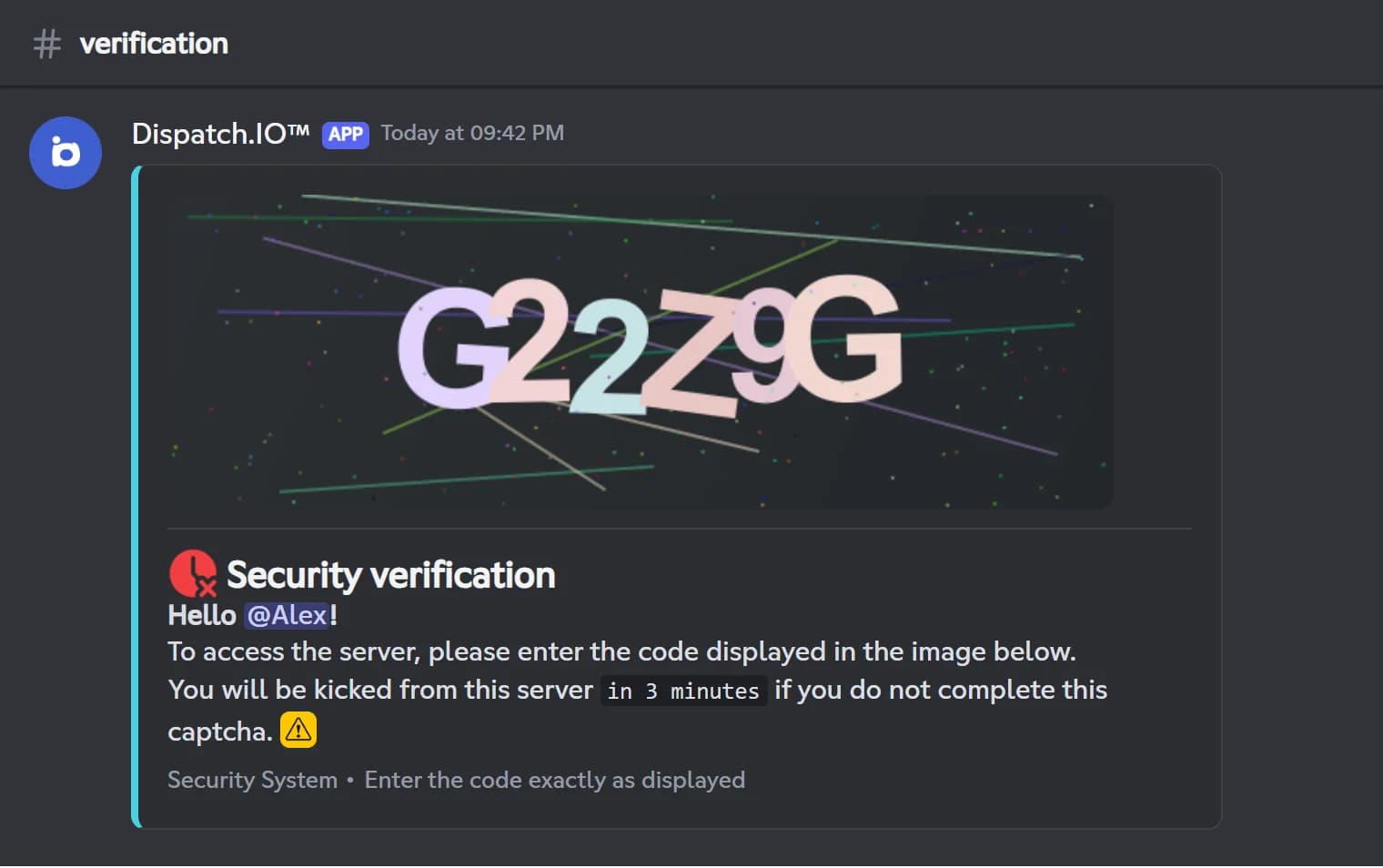Captcha message posted by Dispatch.IO when a member joins, with the code to copy and a 3-minute limit