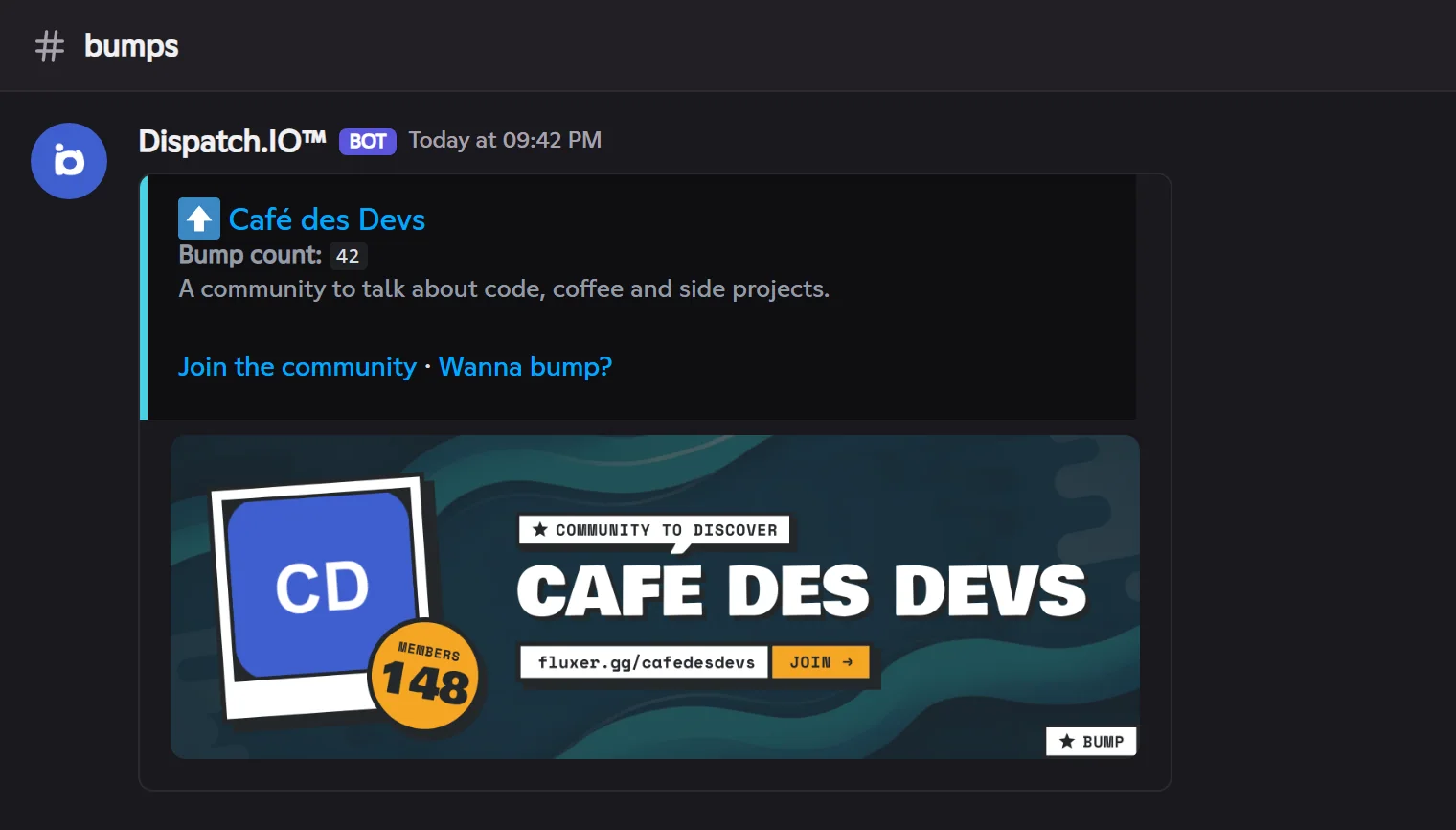Each community of the network receives this message in its bump channel. A community's presentation posted by !bump in another community