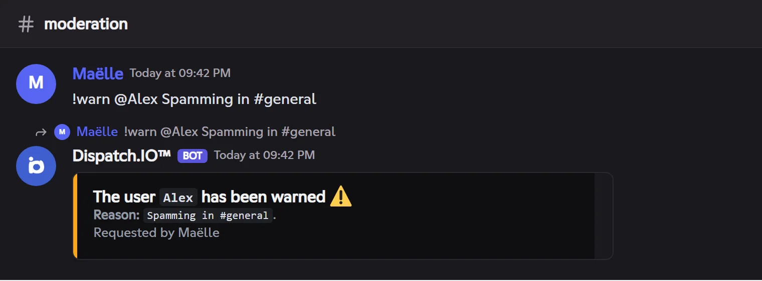 The confirmation posted in the channel after a !warn. !warn confirmation in the channel: warning recorded for Alex