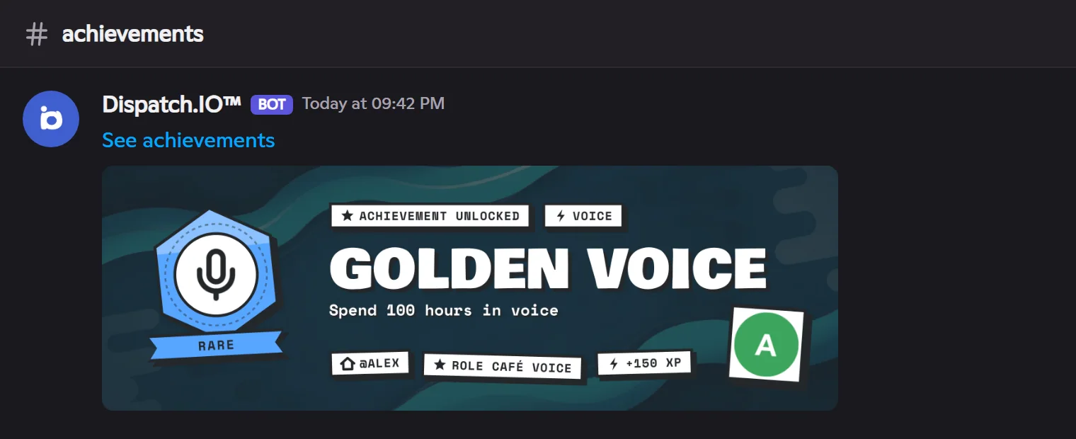 A member achievement banner. Alex's "Golden voice" achievement banner