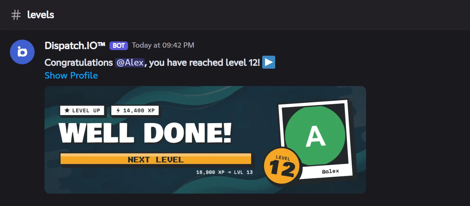 The announcement posted in the notification channel. Alex's level 12 announcement with the level card