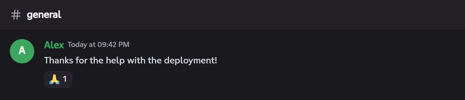 The thanks → 🙏 rule: the bot reacts to Alex's message. Automatic reaction of the bot under a message containing "thanks"