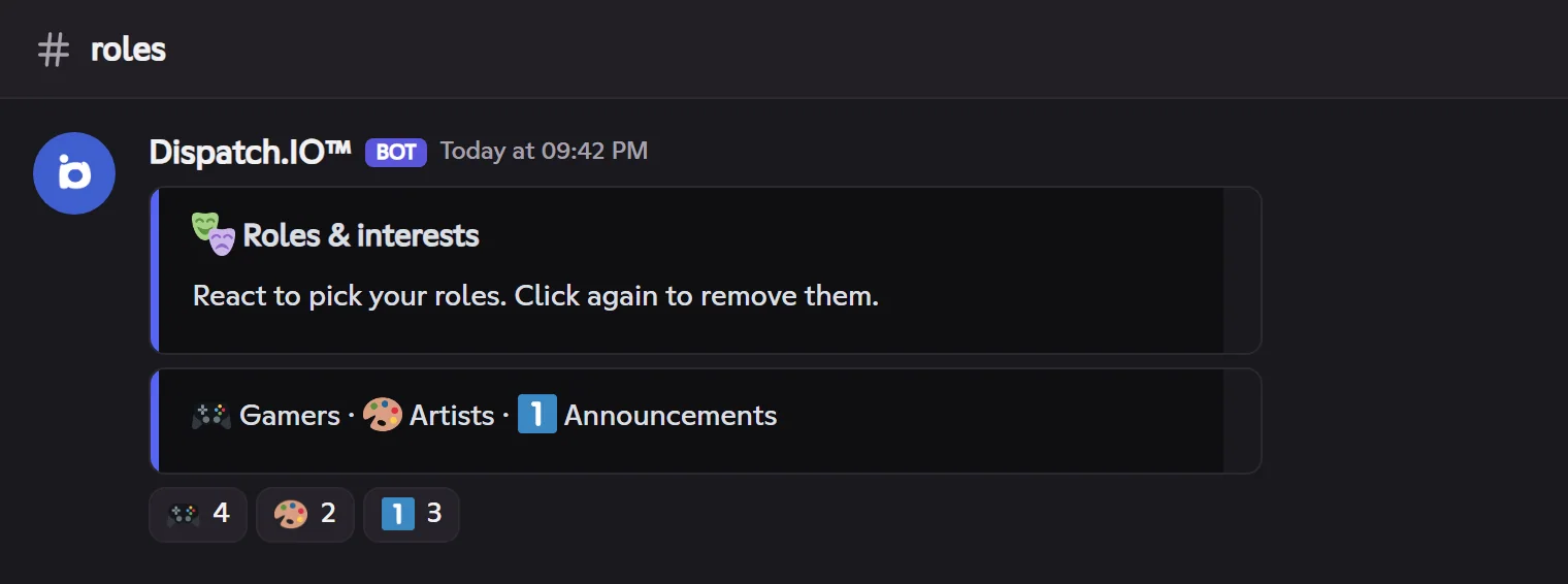 A role panel on Fluxer: the buttons' legend and the reactions to click. Role panel with its legend and reactions