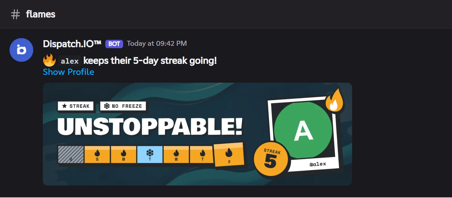 The progress message, here on day 5. Flame announcement: "alex keeps their flame going for 5 days!" with the flame card