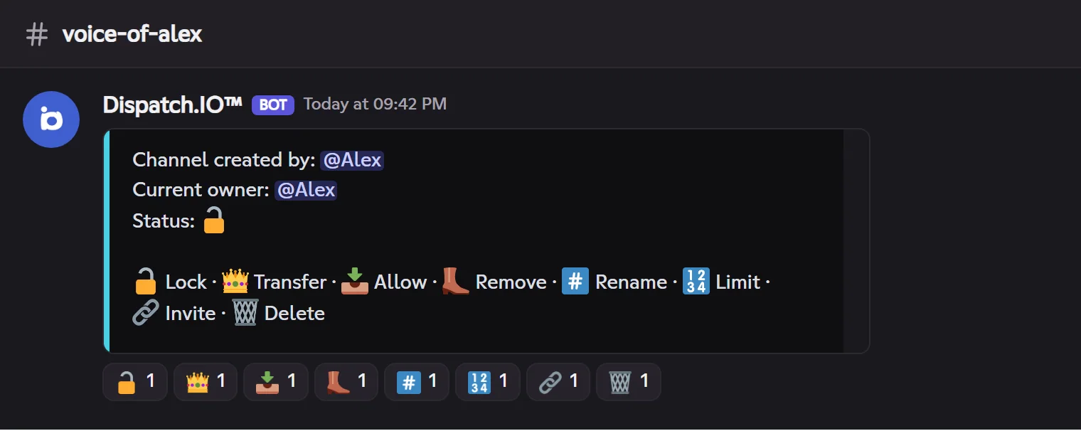 The panel posted in the channel's chat: click a reaction to use it. Control panel of a temporary voice channel with its eight reactions