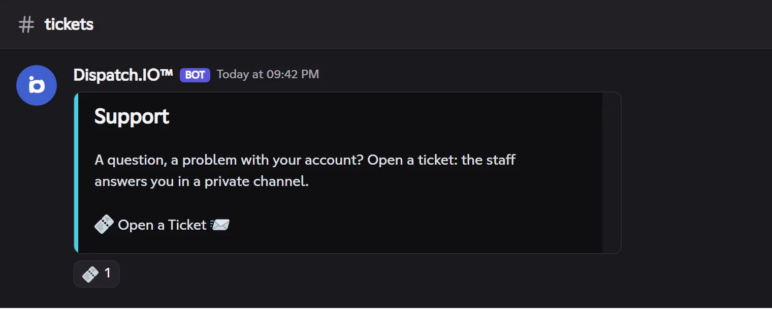 A button system: click 🎫 to open a ticket. Button ticket panel "Support" with the 🎫 reaction
