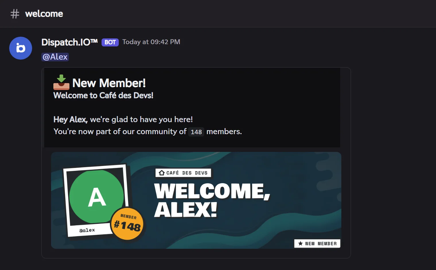 The default message: title, welcome text and card. Default welcome message posted in #welcome, with Alex's welcome card