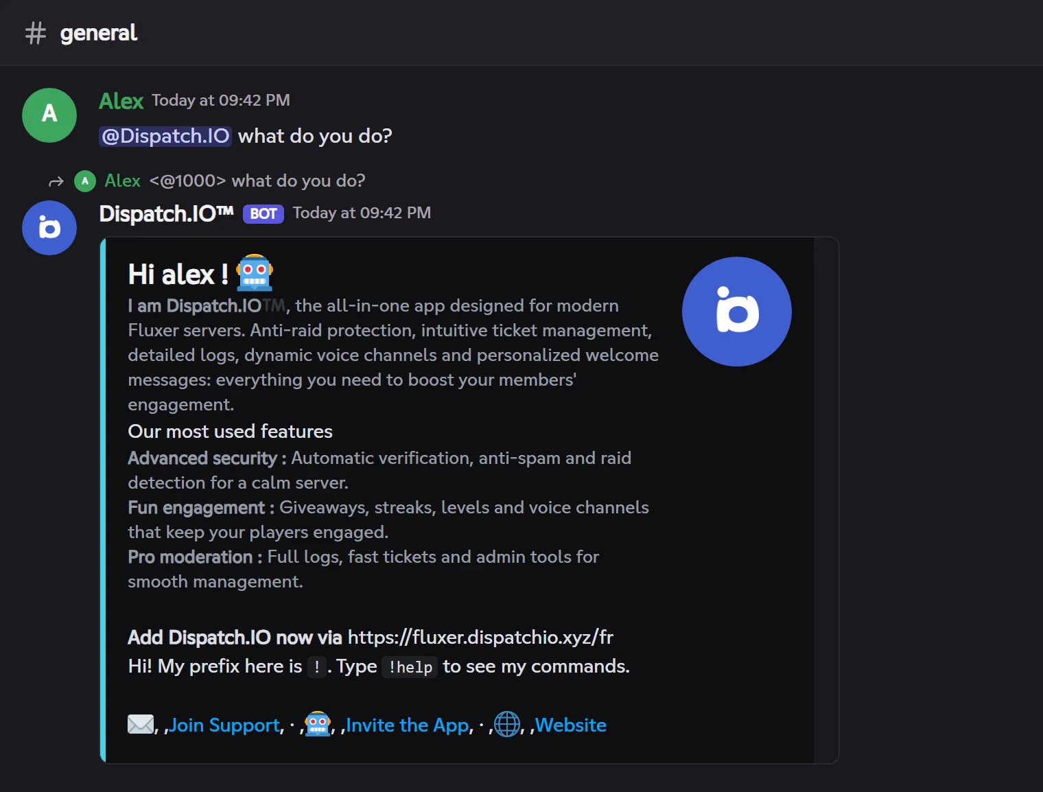 The bot's automatic introduction when it is mentioned (at most once a minute per member). Alex mentions Dispatch.IO in #general and the bot replies with its introduction, with the Join the support, Invite the app and Website links