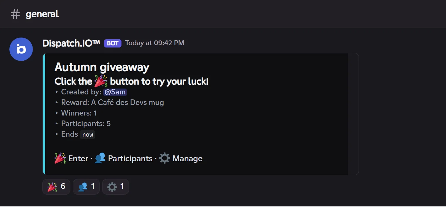 🎉 to enter, 👥 to see the participants, ⚙️ to manage it. A giveaway with the legend of its reactions