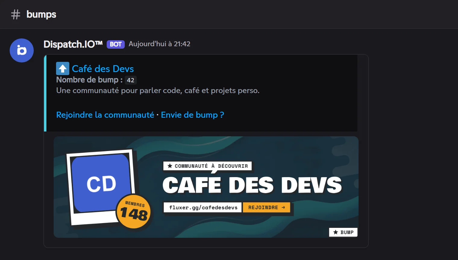 Chaque communauté du réseau reçoit ce message dans son salon de bump. Présentation d'une communauté publiée par !bump dans une autre communauté