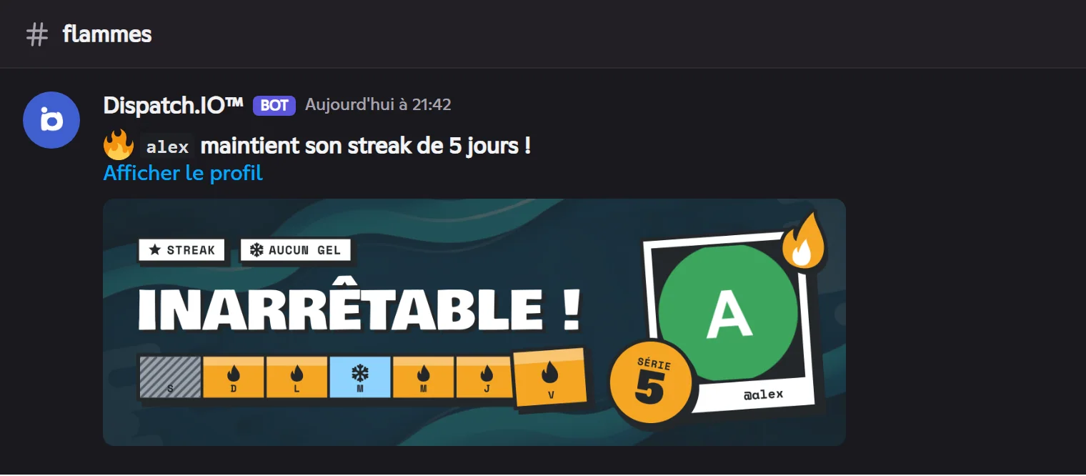 Le message de progression, ici au 5e jour. Annonce de flamme : « alex maintient sa flamme de 5 jours ! » avec la carte de flamme