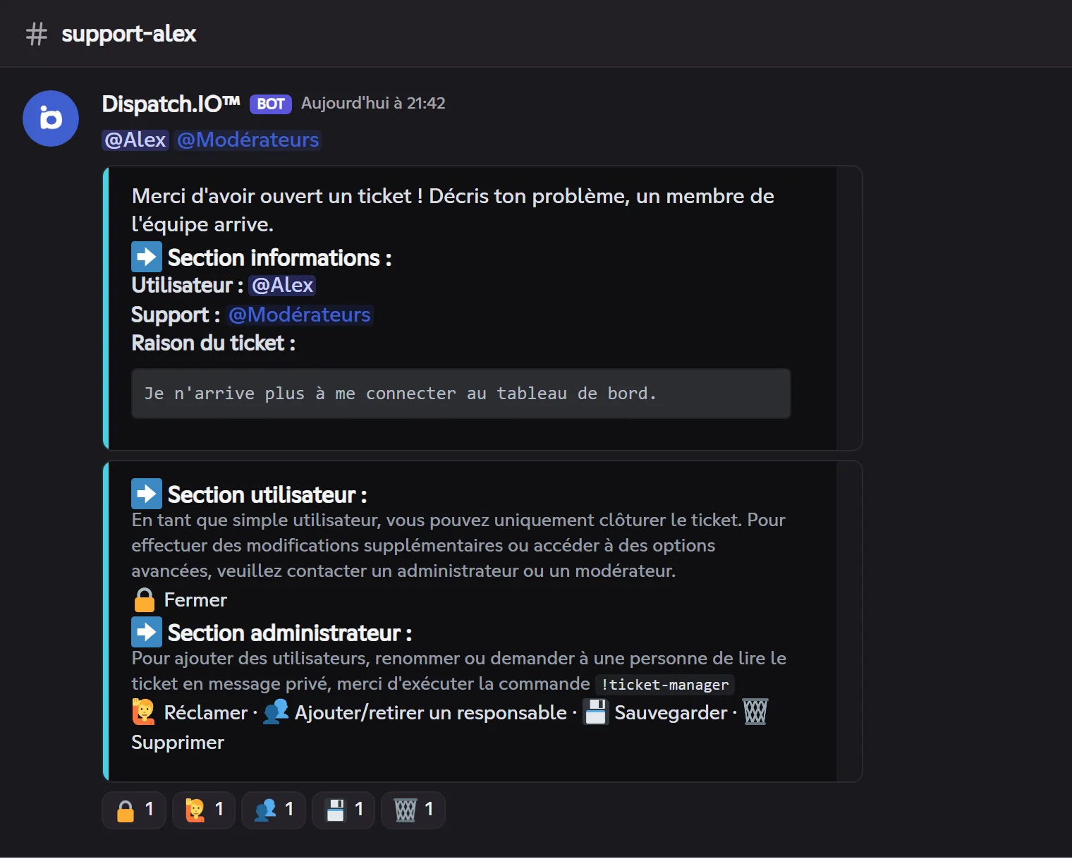 Le message posté à l'ouverture du ticket. Message d'ouverture du ticket support-alex avec les réactions 🔒 🙋 👥 💾 🗑️