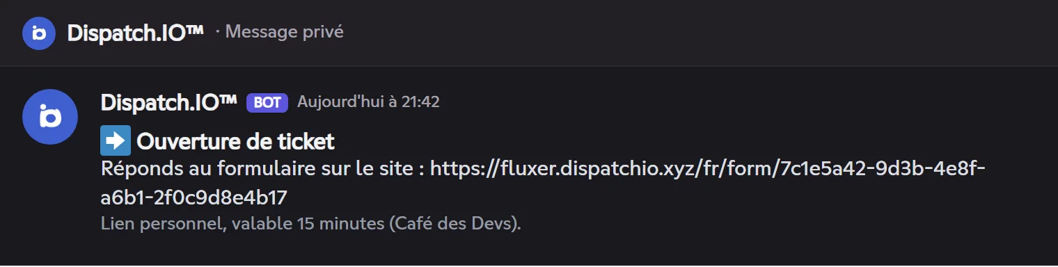 Message privé du bot : « Réponds au formulaire sur le site », avec le lien personnel valable 15 minutes