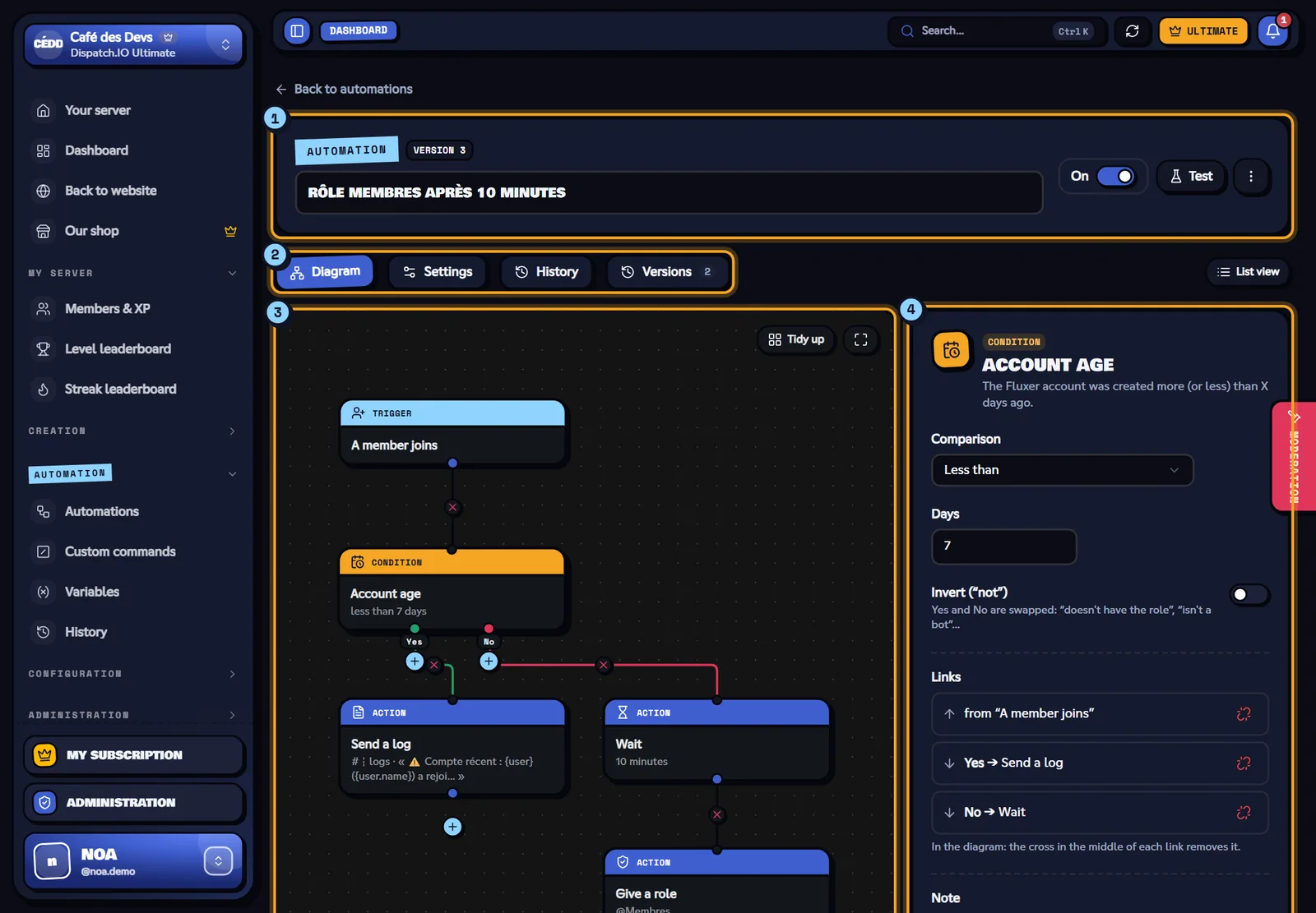 The diagram and the settings panel of the selected block. Automation editor as a diagram, one block selected