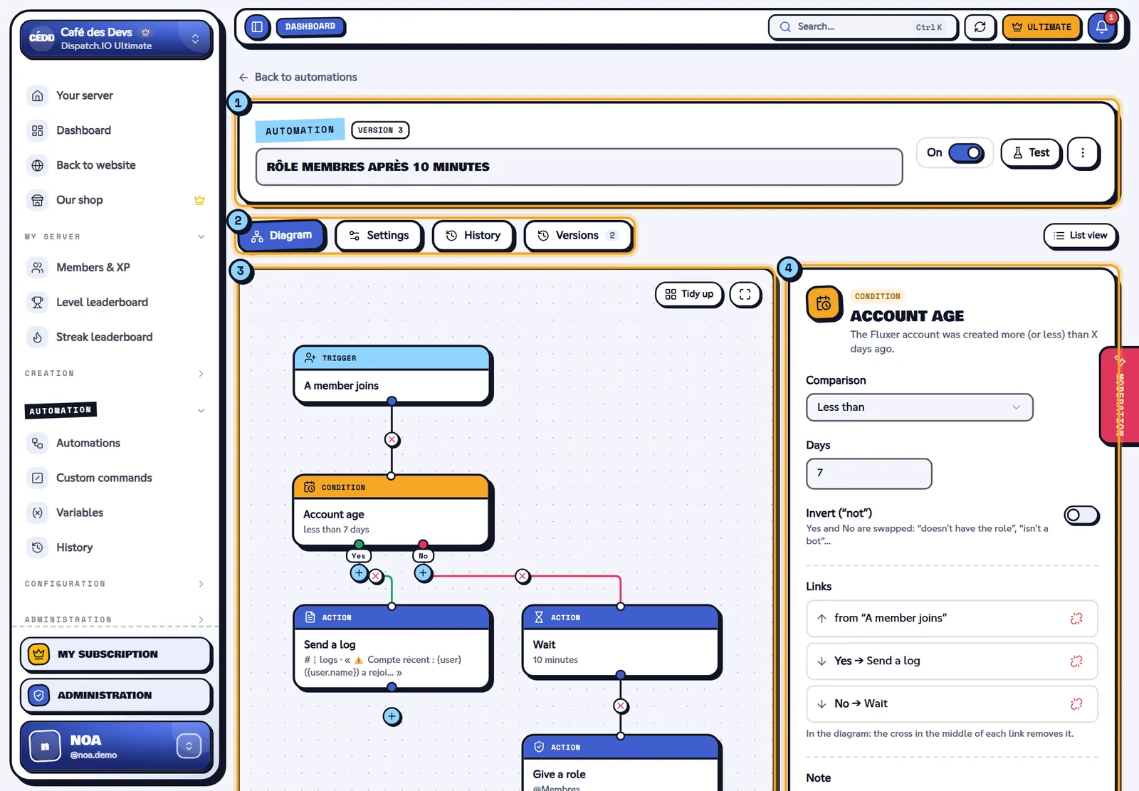 The diagram and the settings panel of the selected block. Automation editor as a diagram, one block selected