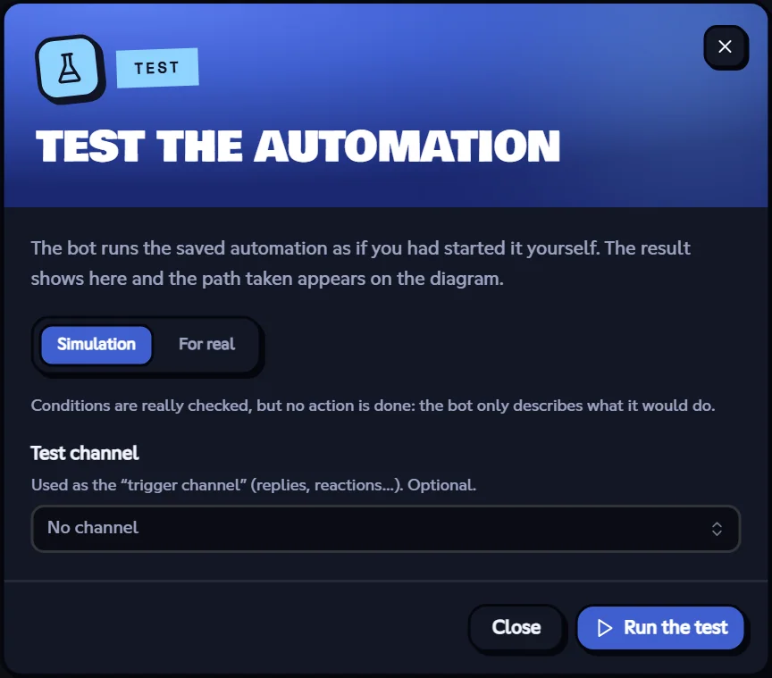 The test, in simulation. Test window of an automation