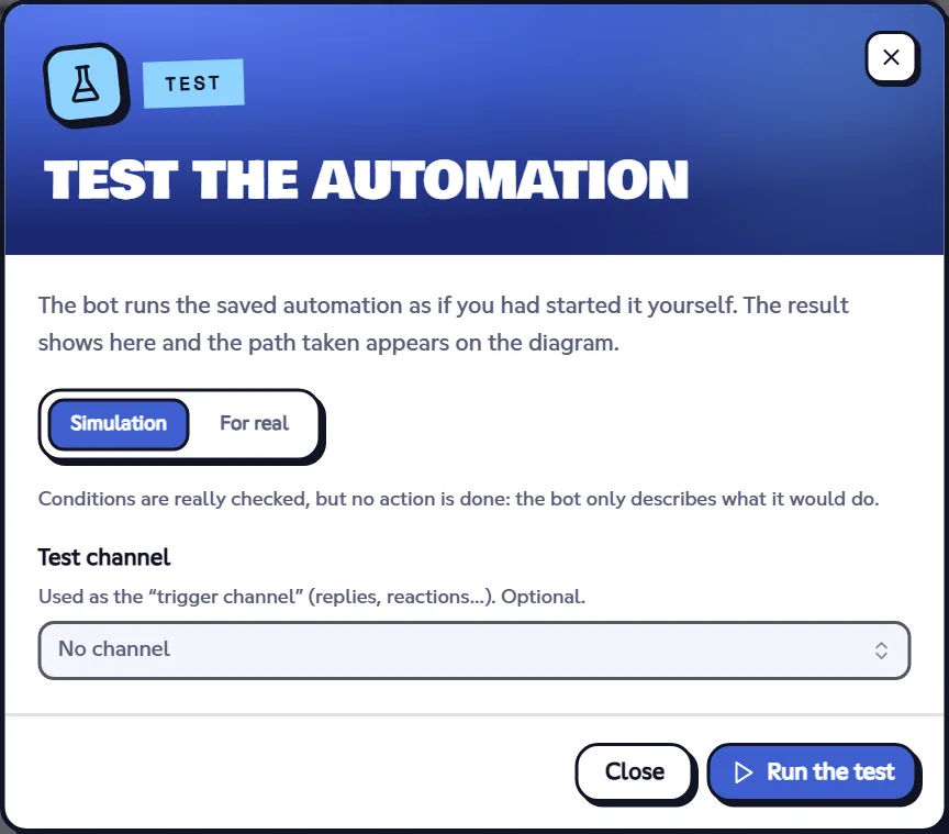 The test, in simulation. Test window of an automation