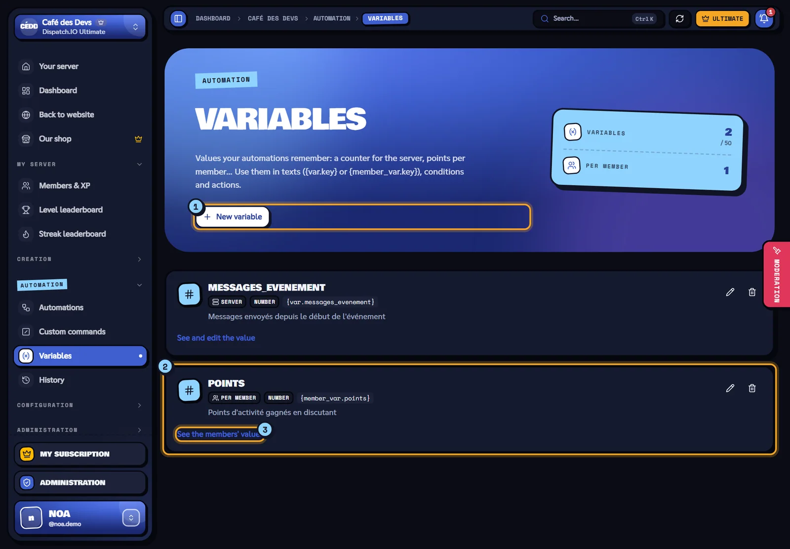 The Variables page. Variables page with a points-per-member variable