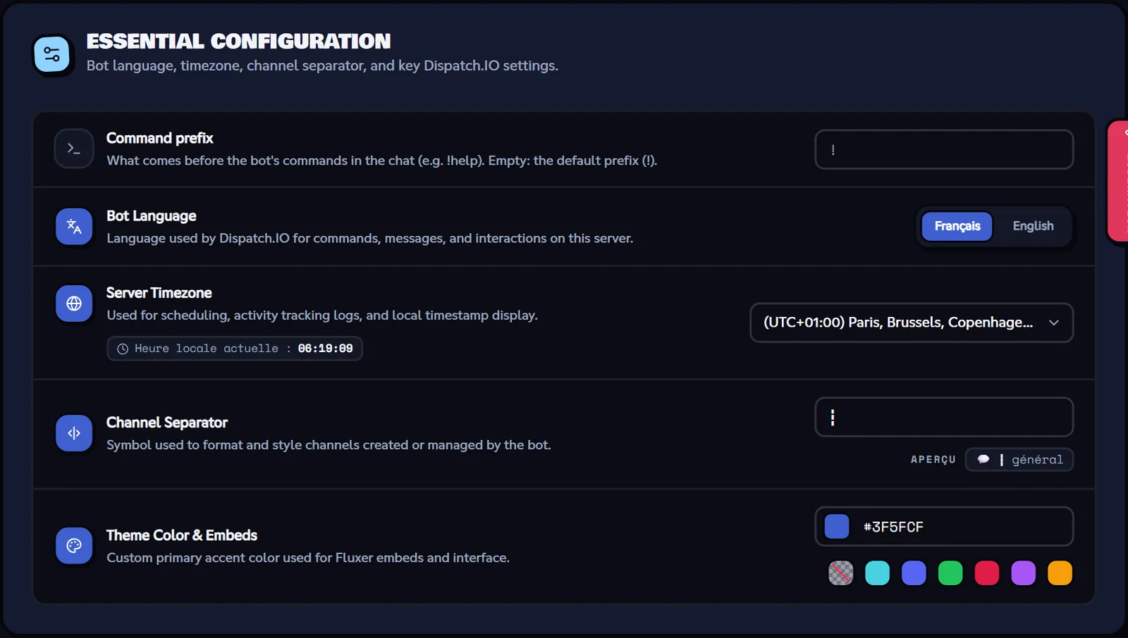 The website's Basic configuration page: language, time zone, separator and color. Basic configuration page of the dashboard