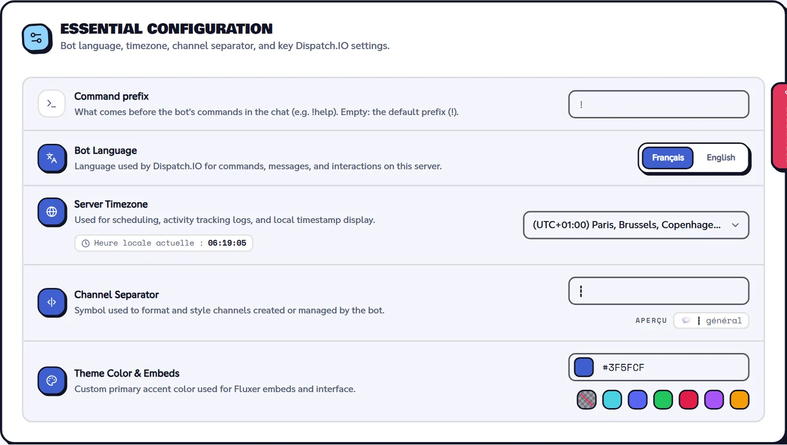 The website's Basic configuration page: language, time zone, separator and color. Basic configuration page of the dashboard