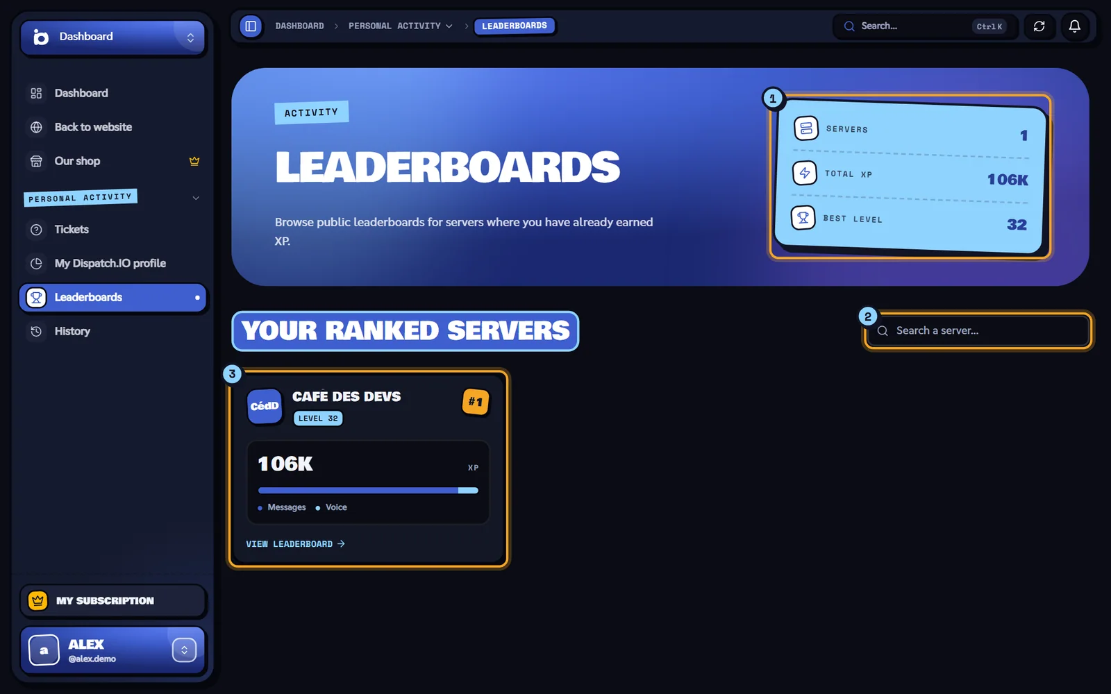 The Leaderboards page: the counters (1), the search (2) and a server card with its View leaderboard button (3). Leaderboards page with the counters and server cards