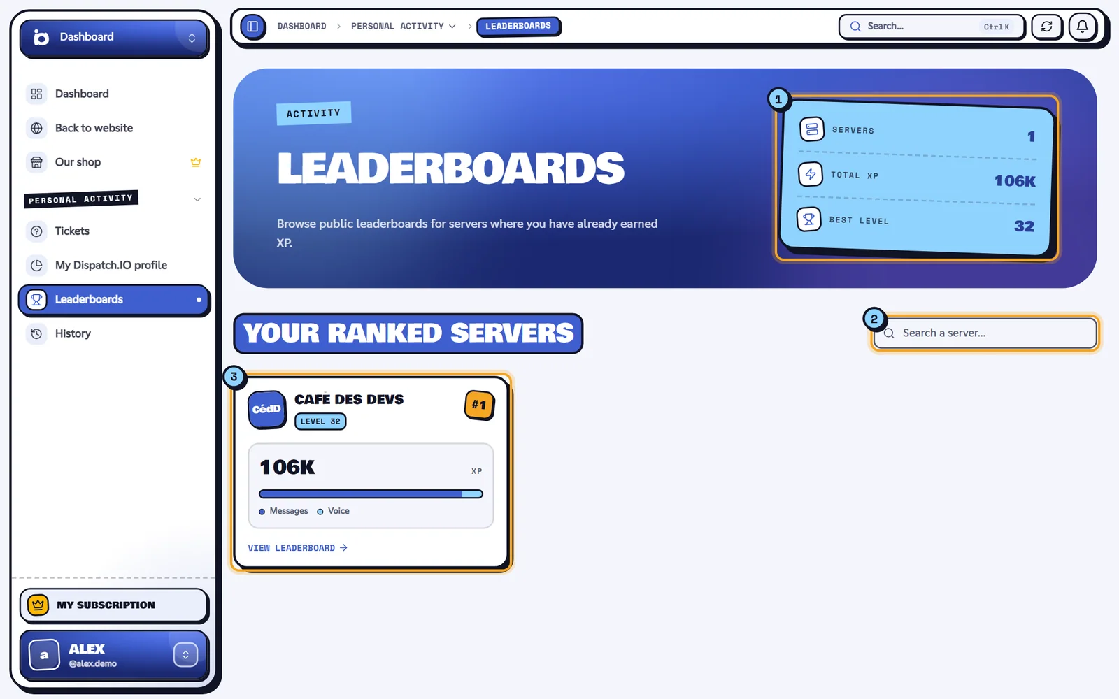 The Leaderboards page: the counters (1), the search (2) and a server card with its View leaderboard button (3). Leaderboards page with the counters and server cards