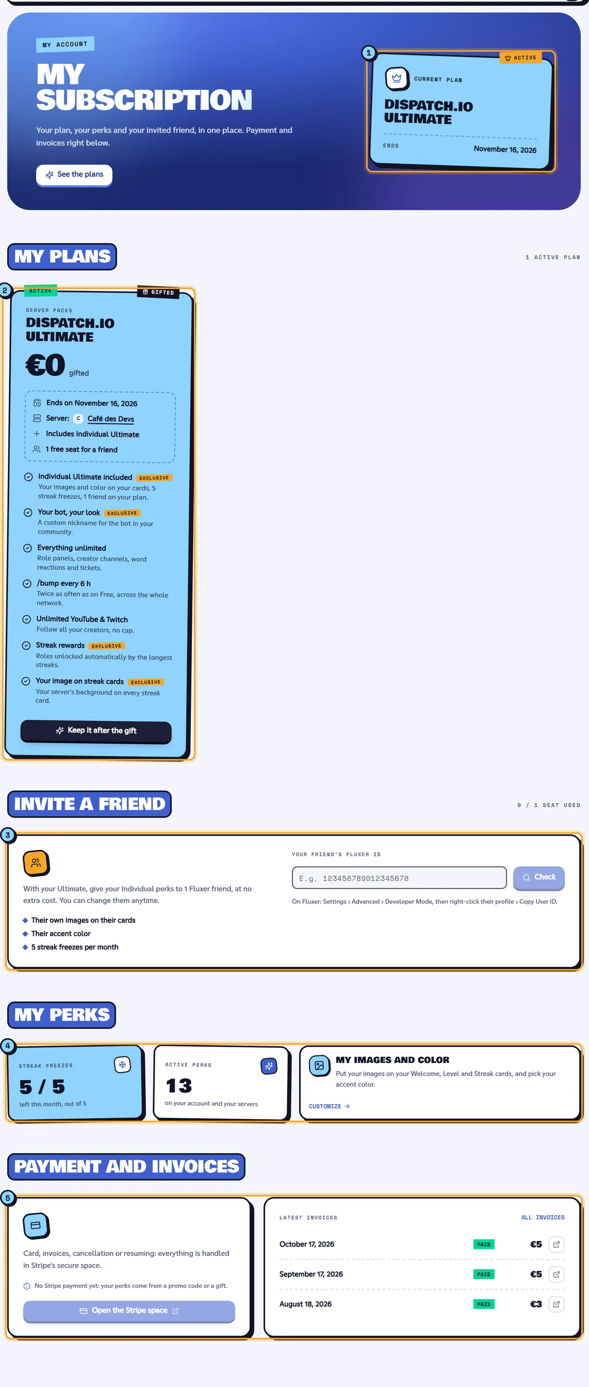 The My subscription page: the current plan (1), My plans (2), Invite a friend (3), My perks (4) and Payment and invoices (5). My subscription page with the current plan, the plans, the invited friend, the perks and the invoices