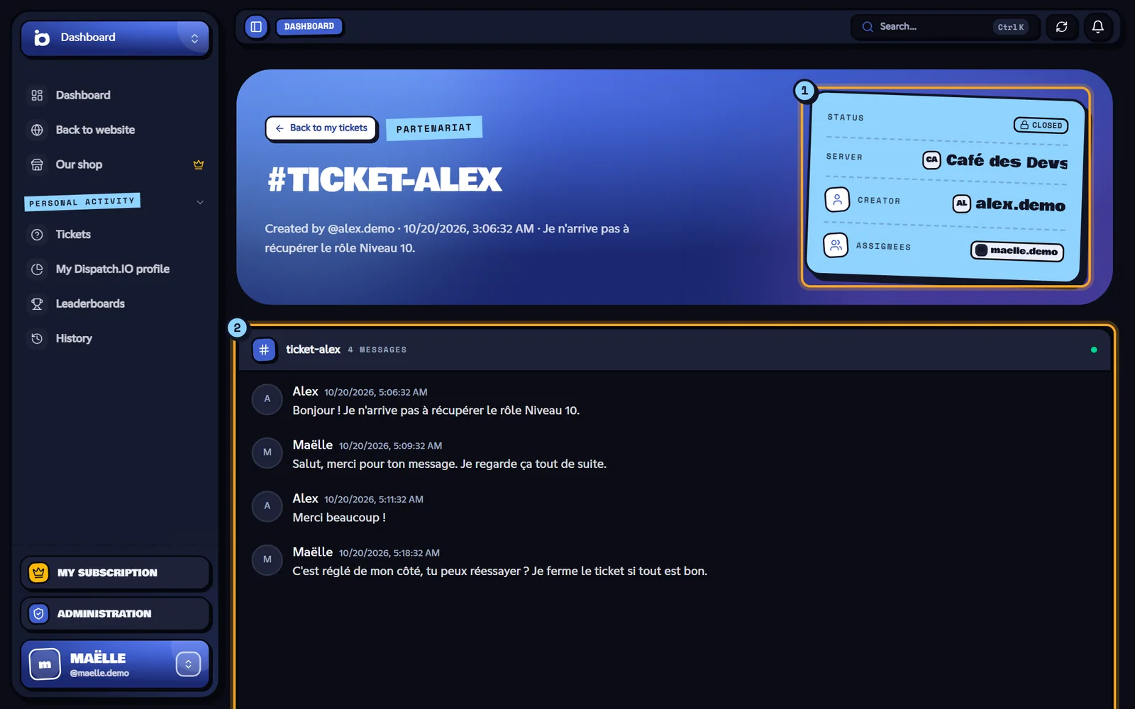 An archived ticket: its details (1) and its transcript (2). Page of an archived ticket with its details and transcript