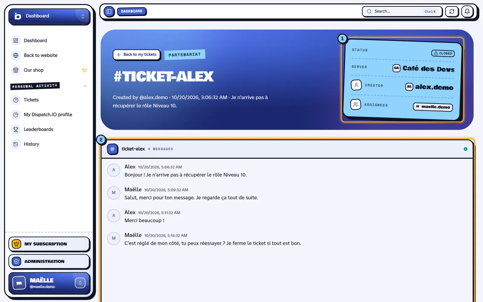 An archived ticket: its details (1) and its transcript (2). Page of an archived ticket with its details and transcript