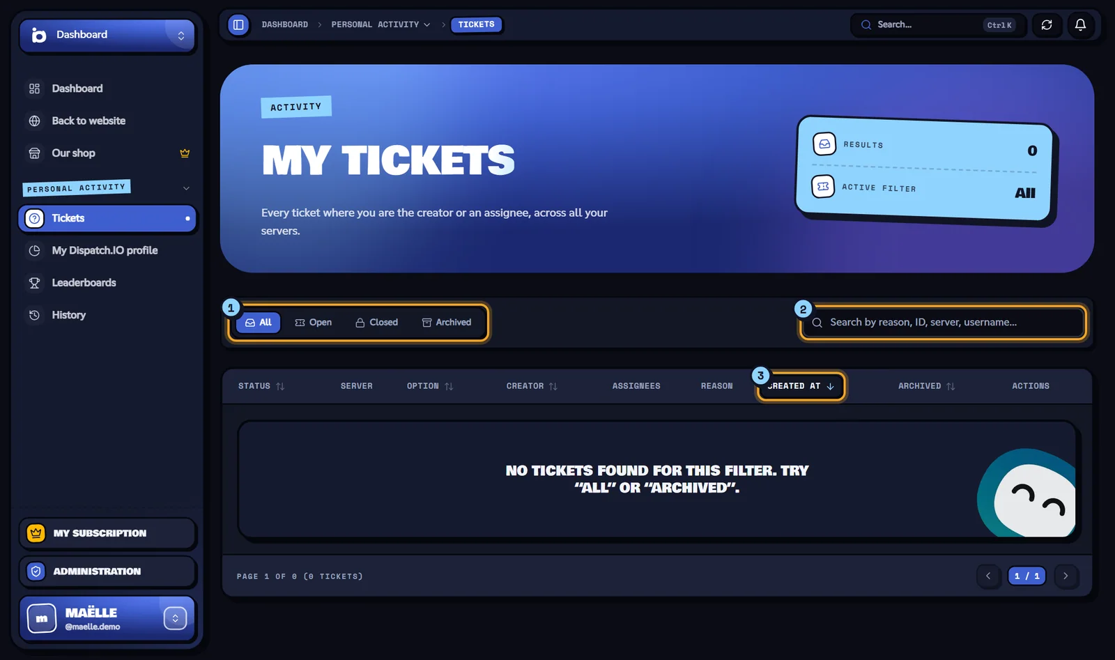The My tickets page: the status filter (1), the search (2), a sortable column (3), the Archived badge (4) and the Open button (5). My tickets list with the filters, the search and the table