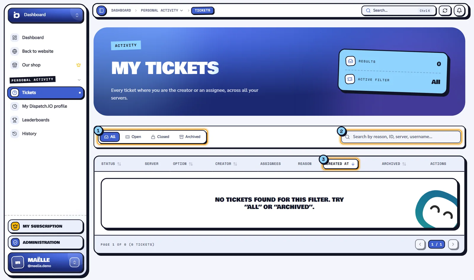 The My tickets page: the status filter (1), the search (2), a sortable column (3), the Archived badge (4) and the Open button (5). My tickets list with the filters, the search and the table
