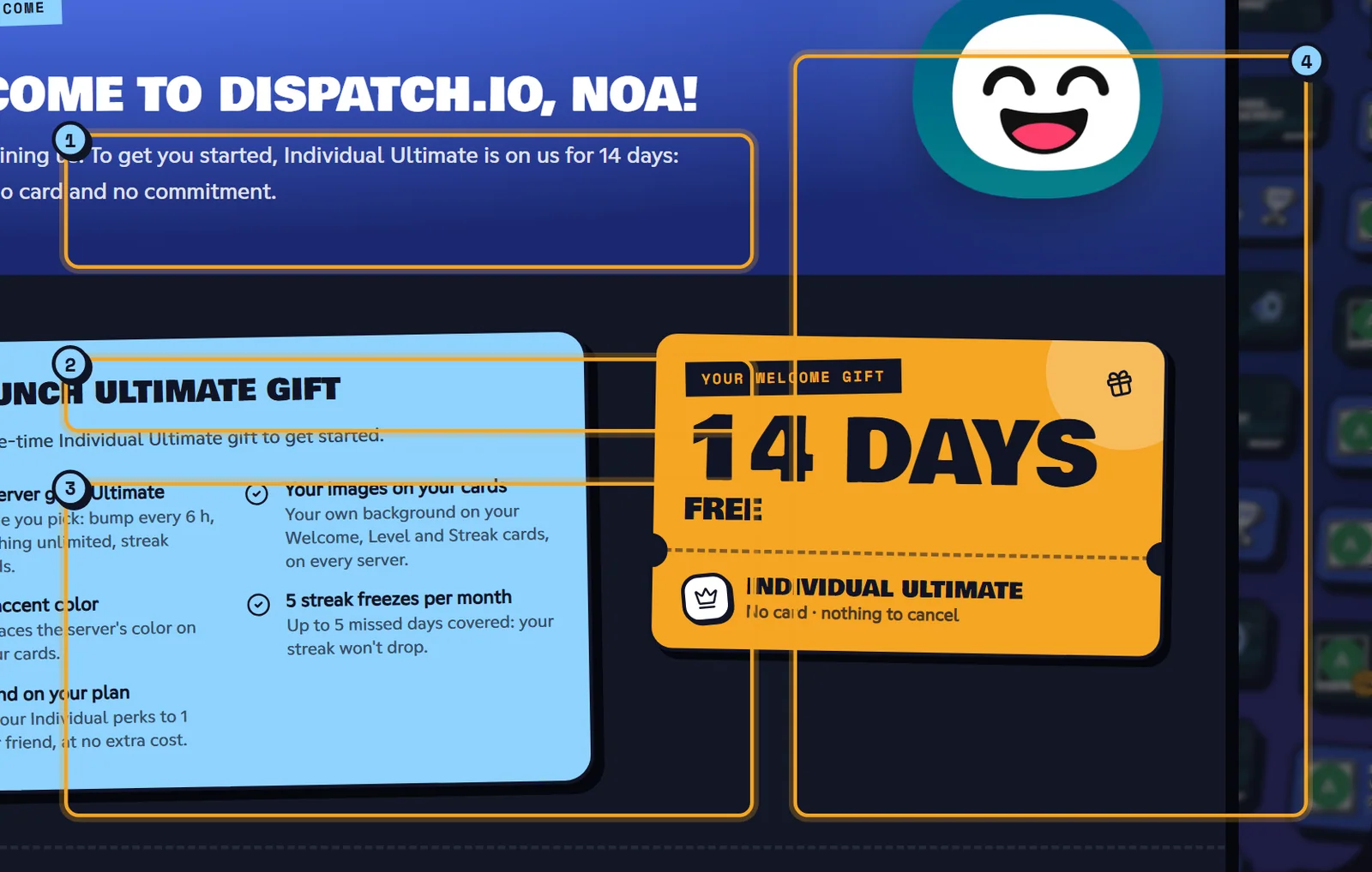 The welcome banner: the greeting (1), the summary of your servers (2), your latest pages (3) and the card wall (4). Top of the dashboard home with Noa's welcome banner