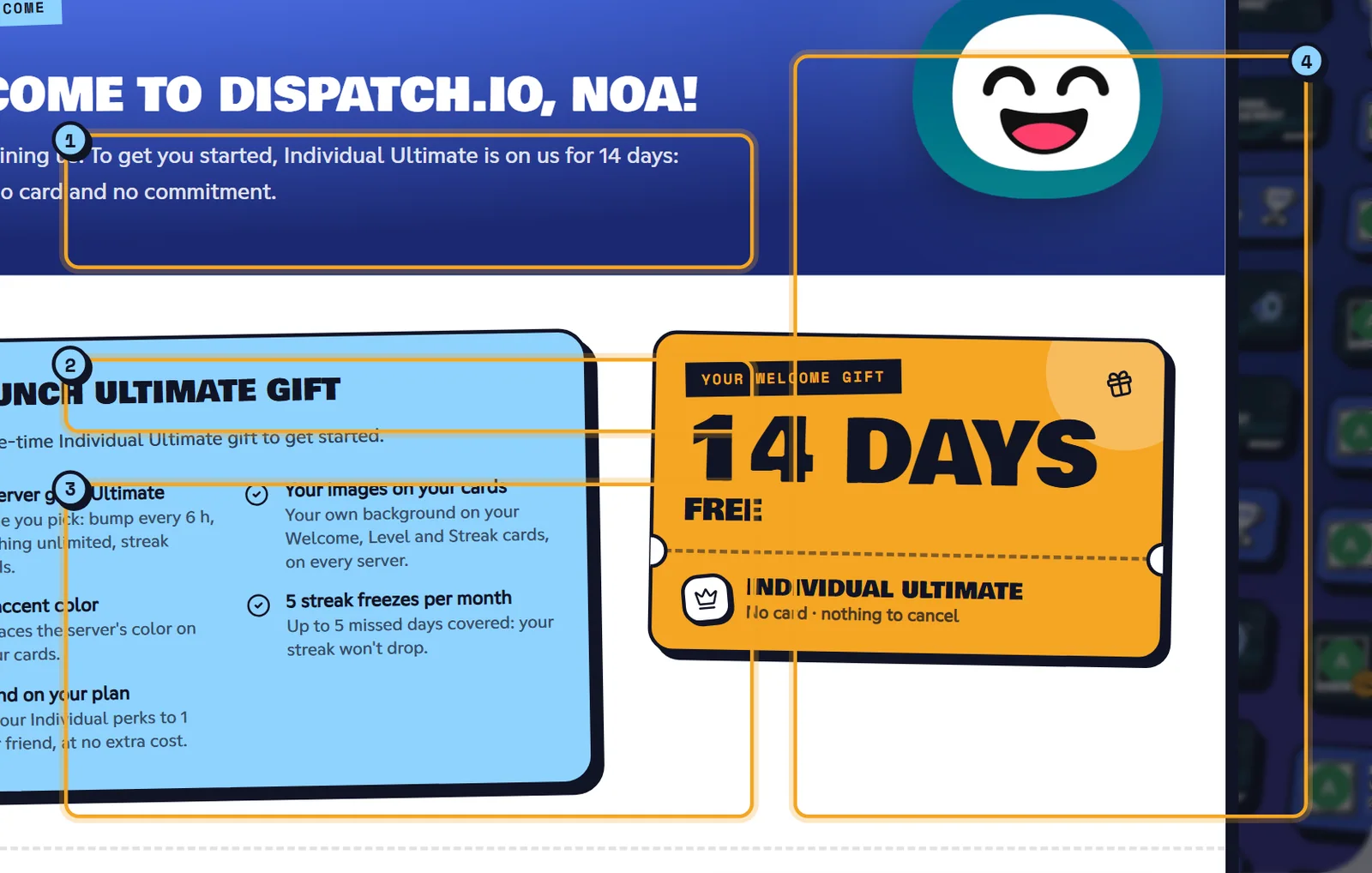 The welcome banner: the greeting (1), the summary of your servers (2), your latest pages (3) and the card wall (4). Top of the dashboard home with Noa's welcome banner
