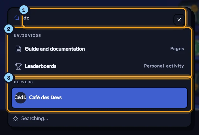Search, here with ‘de’ typed: the field (1), pages under Navigation (2) and servers under Servers (3). Search window with pages and servers