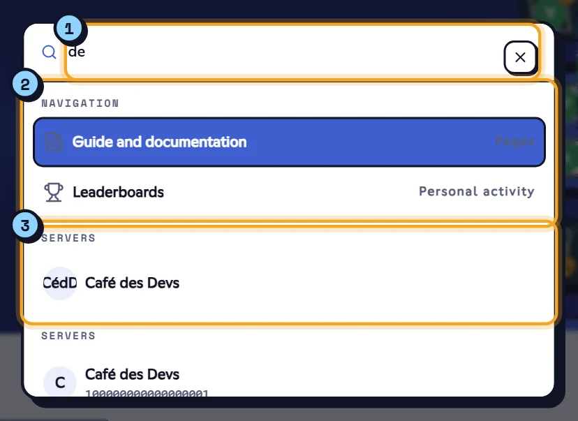 Search, here with ‘de’ typed: the field (1), pages under Navigation (2) and servers under Servers (3). Search window with pages and servers
