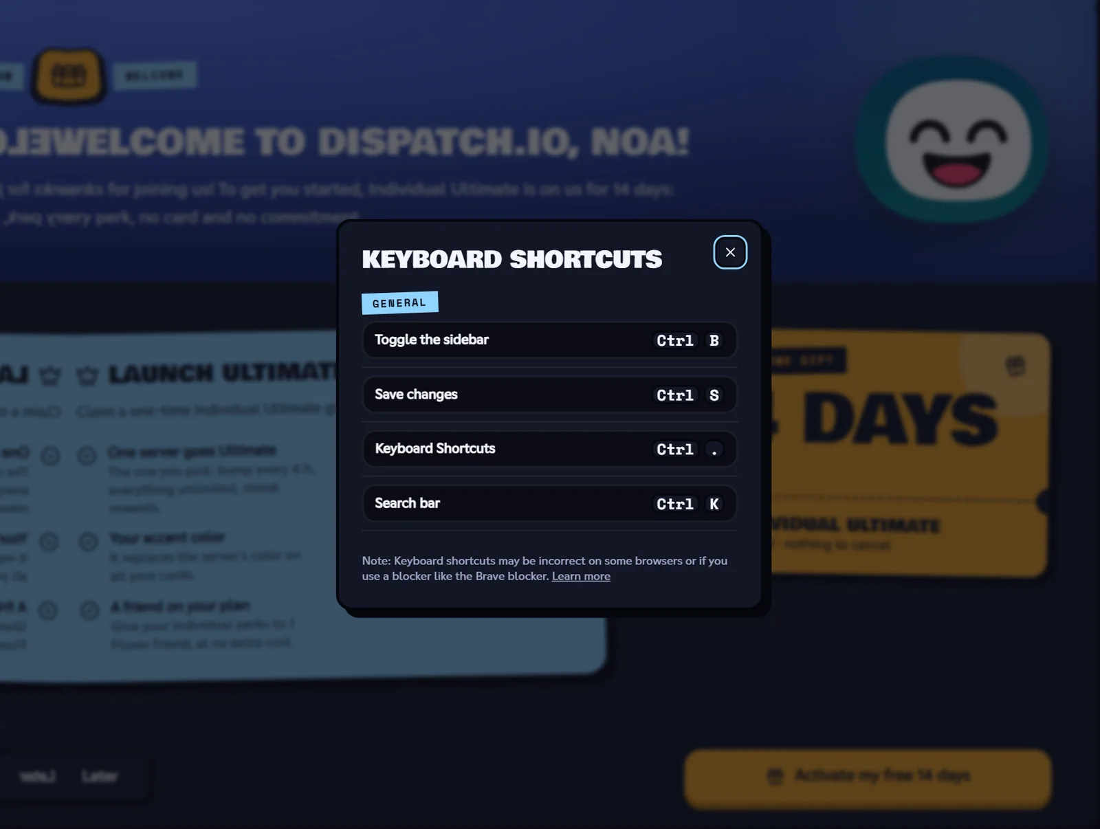 The Keyboard Shortcuts window. Keyboard Shortcuts window with the list of shortcuts