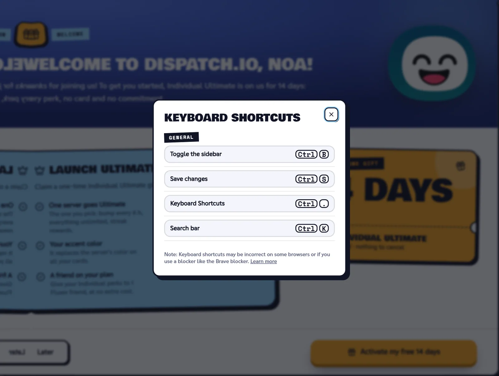 The Keyboard Shortcuts window. Keyboard Shortcuts window with the list of shortcuts