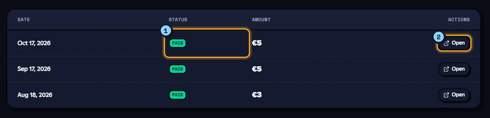 The Billing tab: each invoice's status (1) and the Open button (2). Billing tab of the shop with the list of invoices