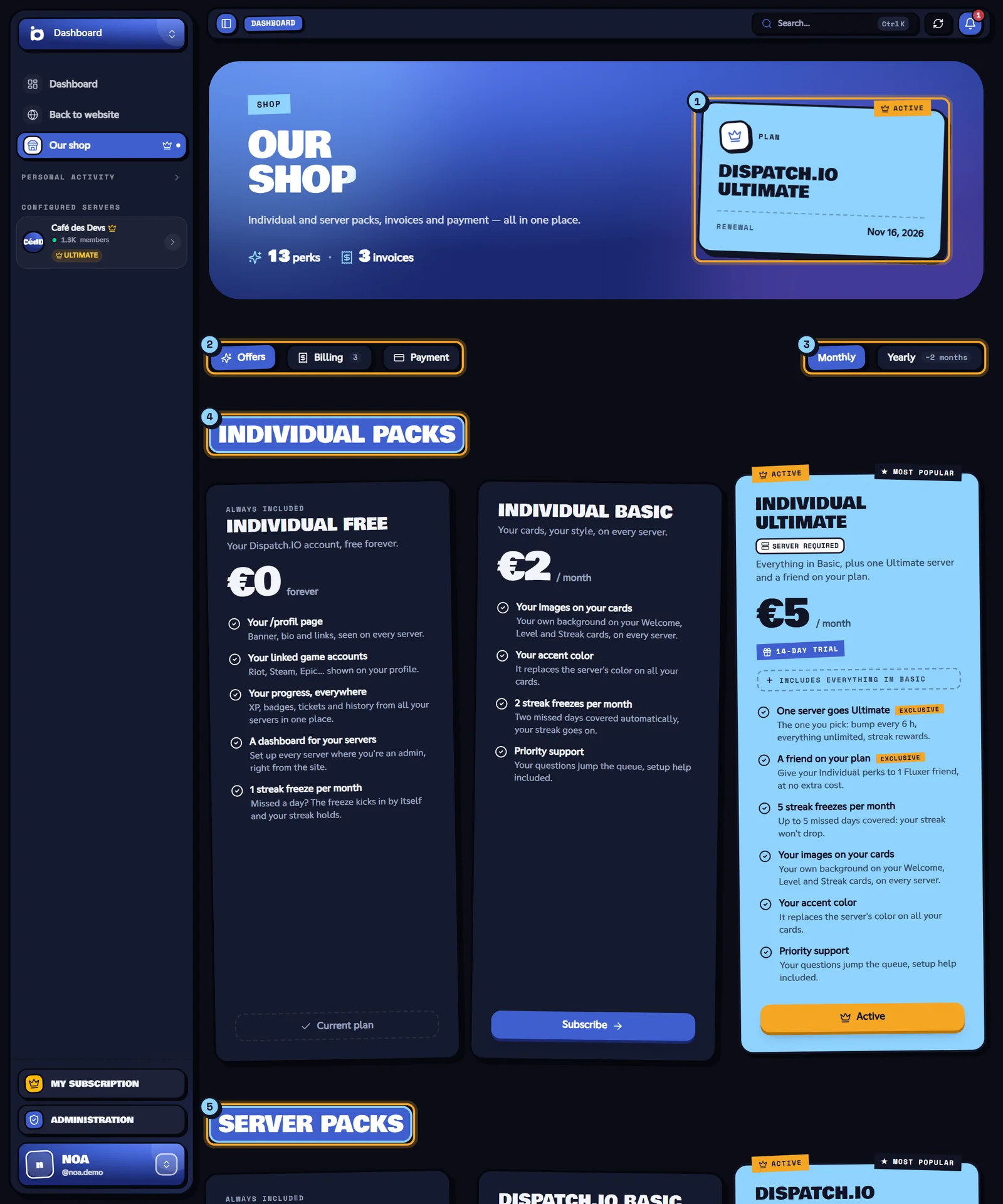 The shop: your current plan (1), the tabs (2), the Monthly or Yearly choice (3), Individual packs (4) and Server packs (5). Our shop page with the current plan, the tabs and the packs