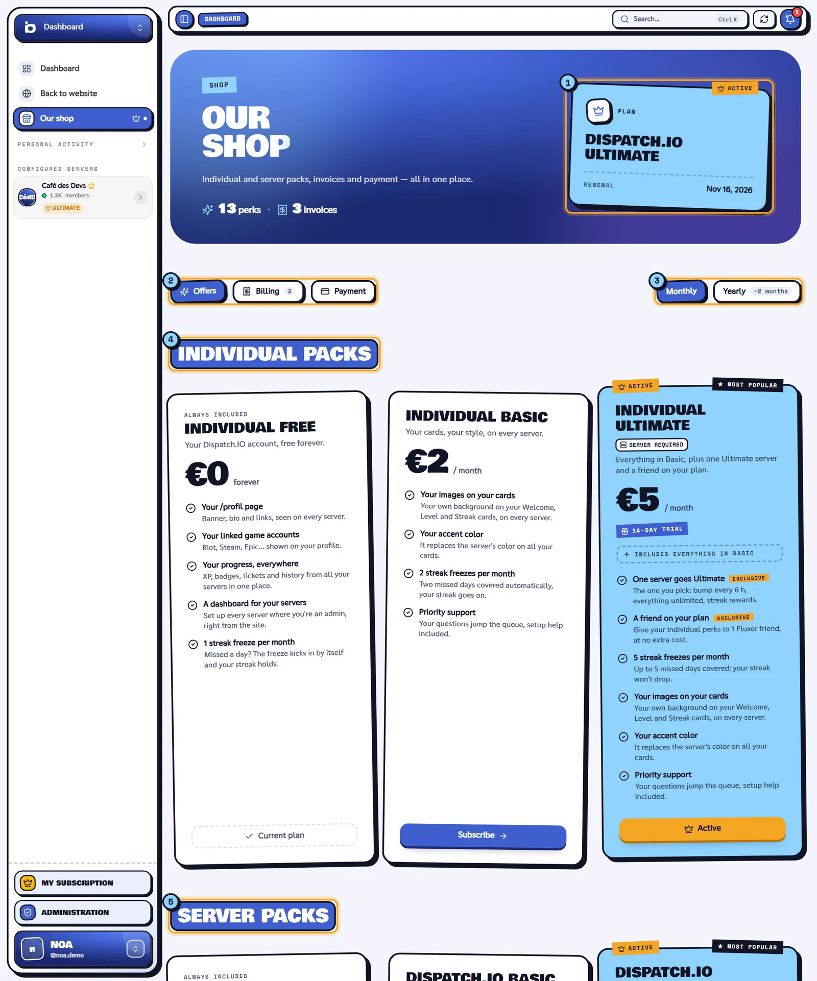 The shop: your current plan (1), the tabs (2), the Monthly or Yearly choice (3), Individual packs (4) and Server packs (5). Our shop page with the current plan, the tabs and the packs