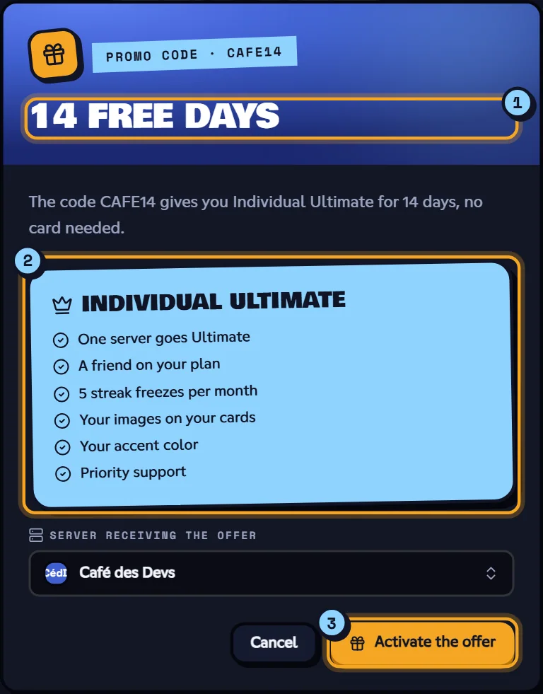 The window for a free-days code: the number of days (1), the plan and its perks (2), and the Activate the offer button (3). Promo code window for a free-days code, ready to be activated