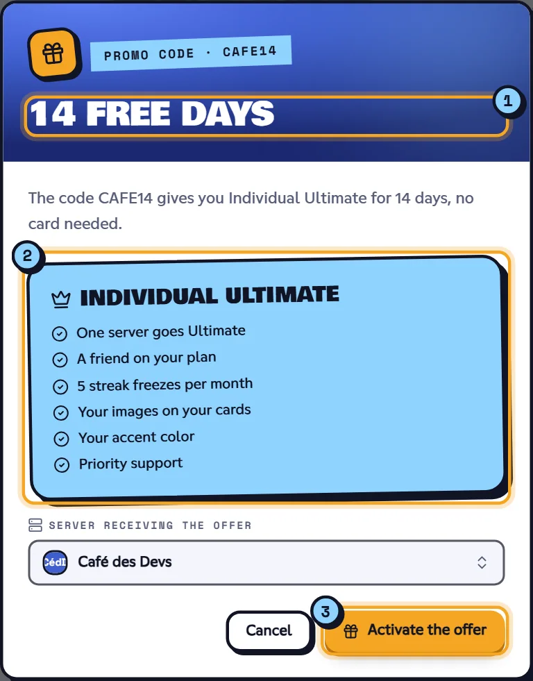 The window for a free-days code: the number of days (1), the plan and its perks (2), and the Activate the offer button (3). Promo code window for a free-days code, ready to be activated