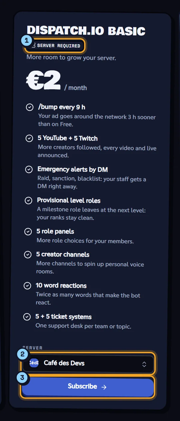 A server plan: the Server required badge (1), the server picker (2) and the Subscribe button (3). Dispatch.IO Basic plan card with the server picker